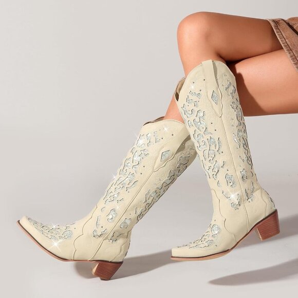 White Women Sparkly Rhinestone Wedding Boots Trendy Vintage Tall Glitter Boot - Picture 2 of 5